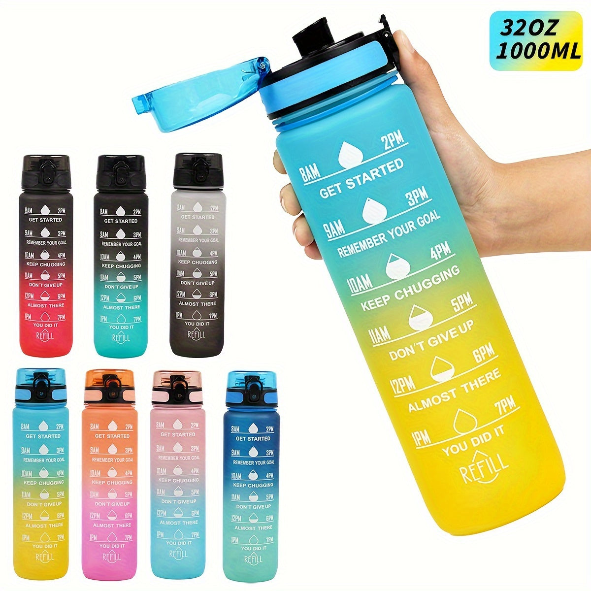 Sports Water Bottle with Time Marker - Large Capacity, Leakproof Flip-Top for Cycling, Running & Fitness - Durable Polycarbonate, PVC-Free