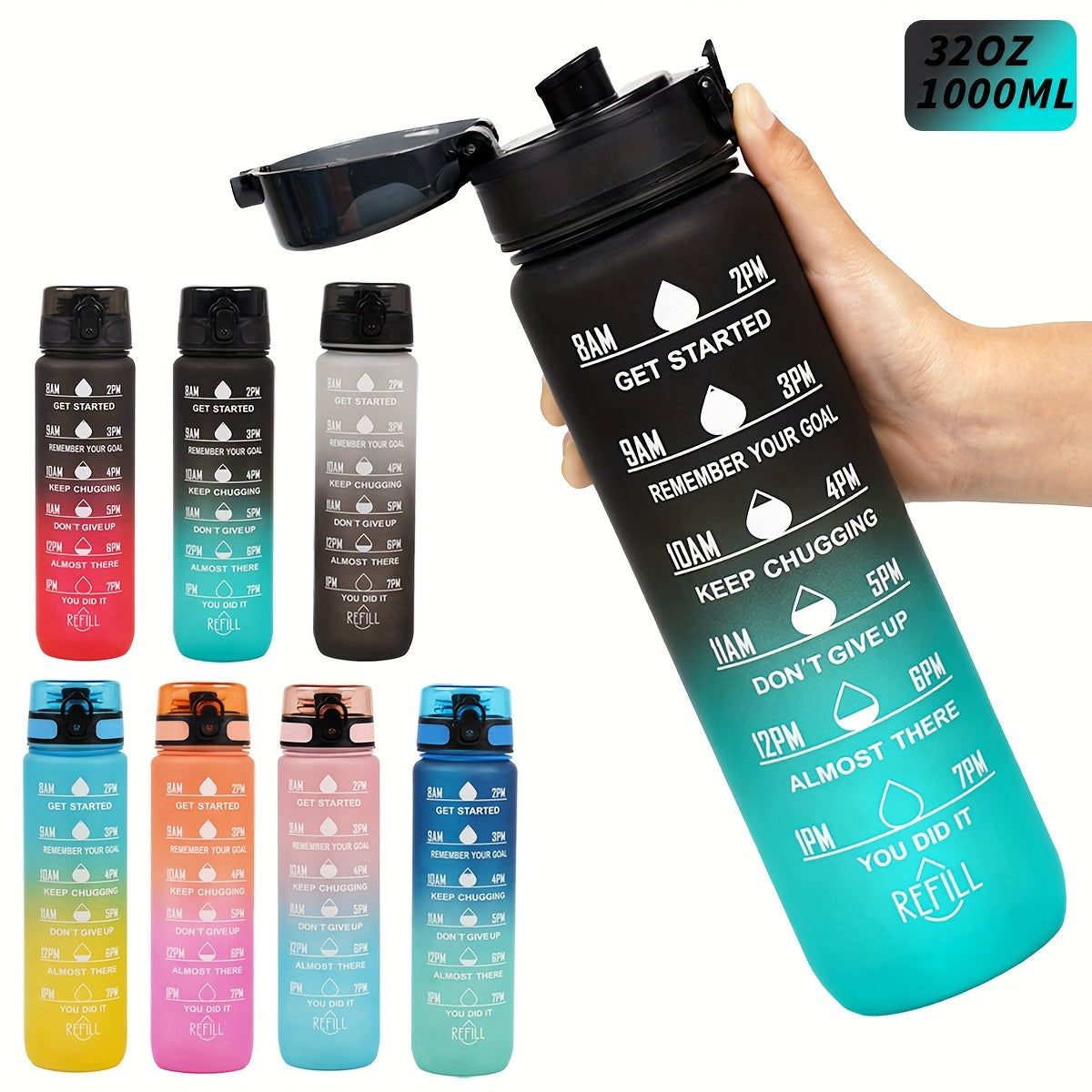 Sports Water Bottle with Time Marker - Large Capacity, Leakproof Flip-Top for Cycling, Running & Fitness - Durable Polycarbonate, PVC-Free