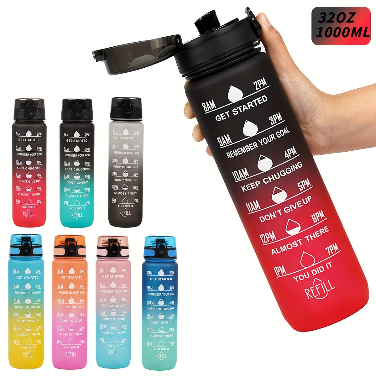 Sports Water Bottle with Time Marker - Large Capacity, Leakproof Flip-Top for Cycling, Running & Fitness - Durable Polycarbonate, PVC-Free