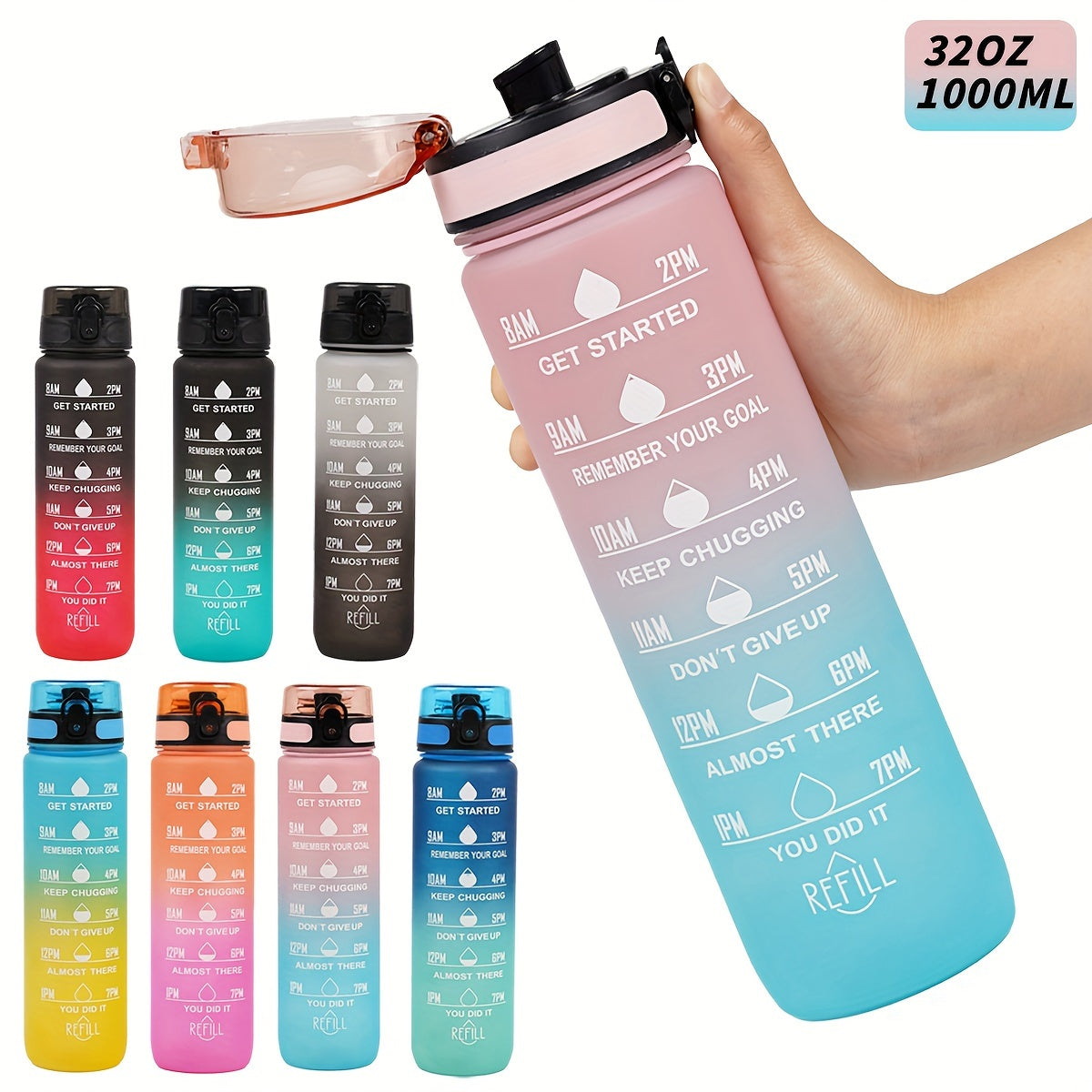 Sports Water Bottle with Time Marker - Large Capacity, Leakproof Flip-Top for Cycling, Running & Fitness - Durable Polycarbonate, PVC-Free