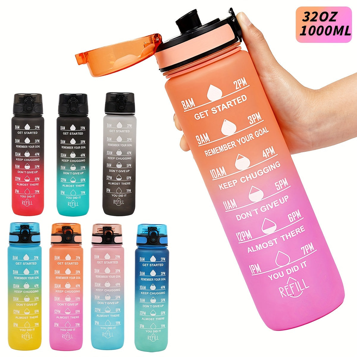 Sports Water Bottle with Time Marker - Large Capacity, Leakproof Flip-Top for Cycling, Running & Fitness - Durable Polycarbonate, PVC-Free