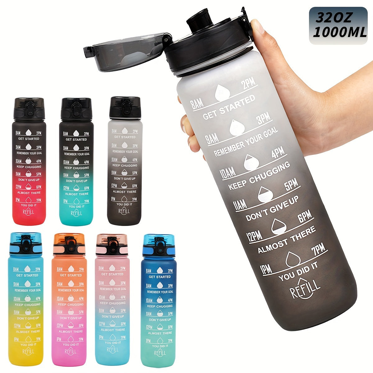 Sports Water Bottle with Time Marker - Large Capacity, Leakproof Flip-Top for Cycling, Running & Fitness - Durable Polycarbonate, PVC-Free
