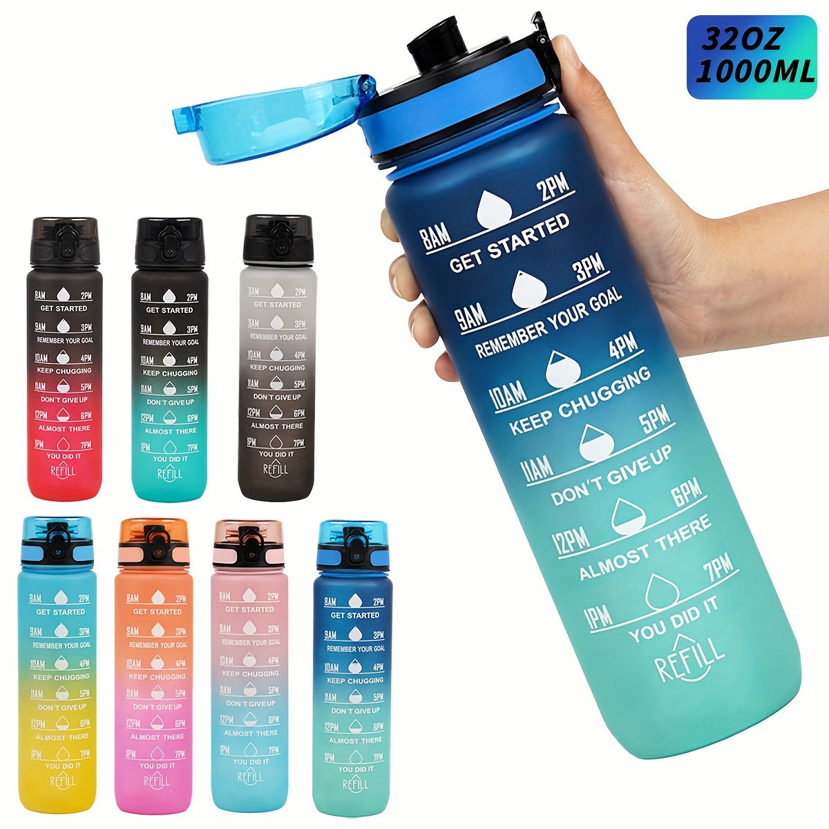 Sports Water Bottle with Time Marker - Large Capacity, Leakproof Flip-Top for Cycling, Running & Fitness - Durable Polycarbonate, PVC-Free